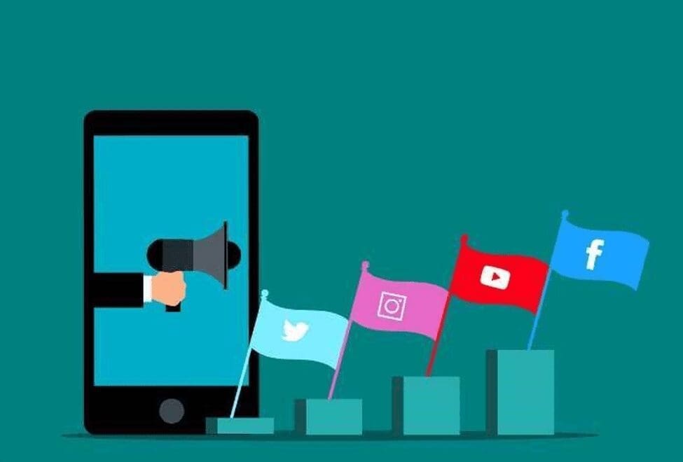 Smartphone with a megaphone and social media platform flag
