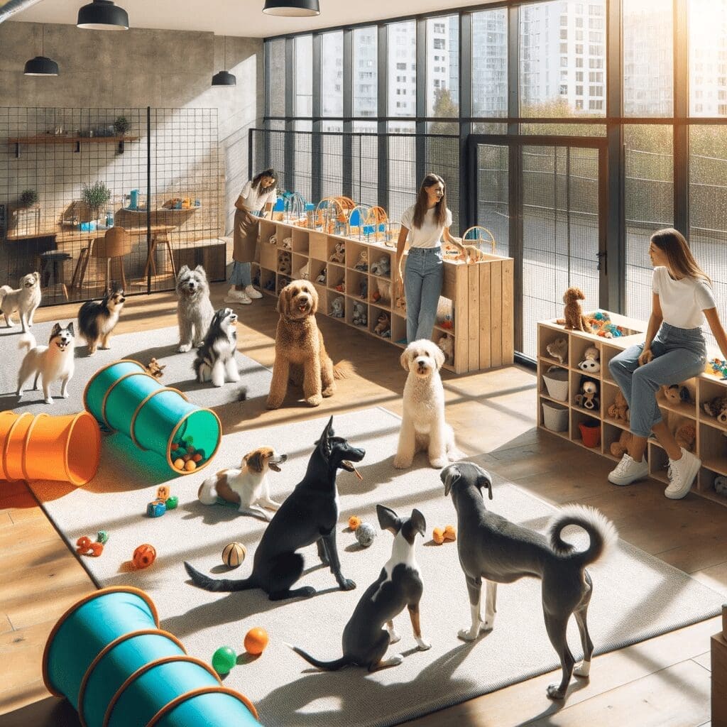 A photo showcasing a bright and spacious doggy daycare facility with dogs engaged in various activities and caretakers ensuring their well-being.