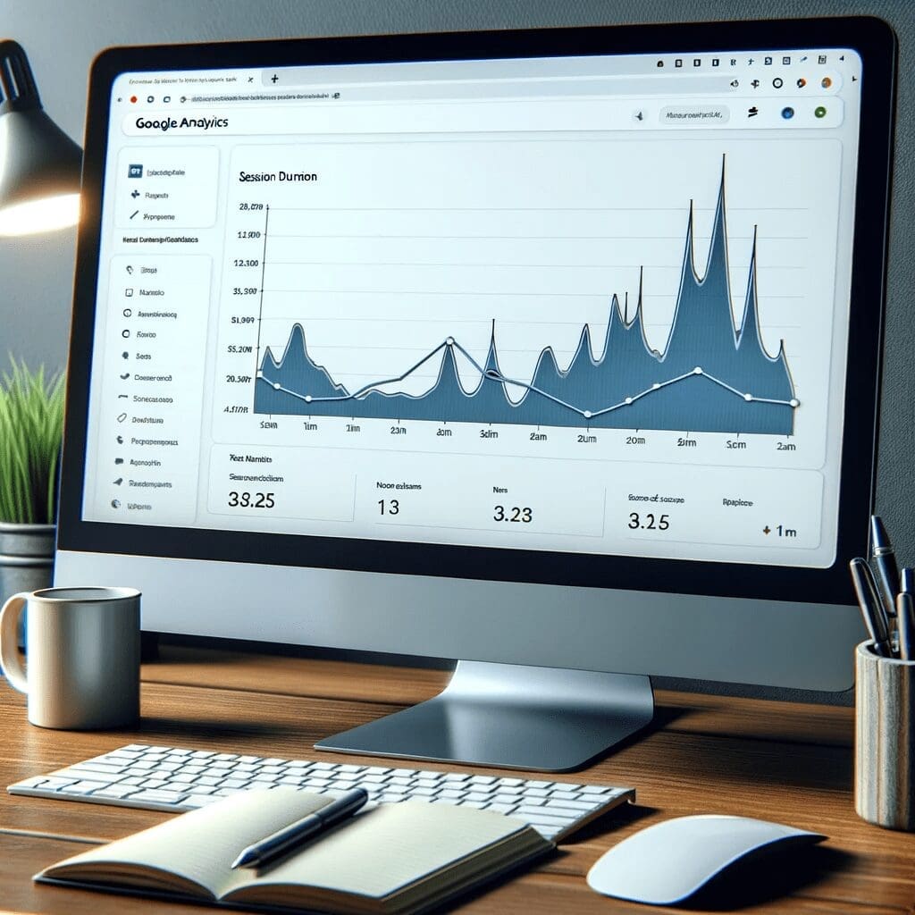 A photo showcasing a computer monitor with the Google Analytics dashboard, focusing on the 'Session Duration' metric, set in a digital marketer's workspace.