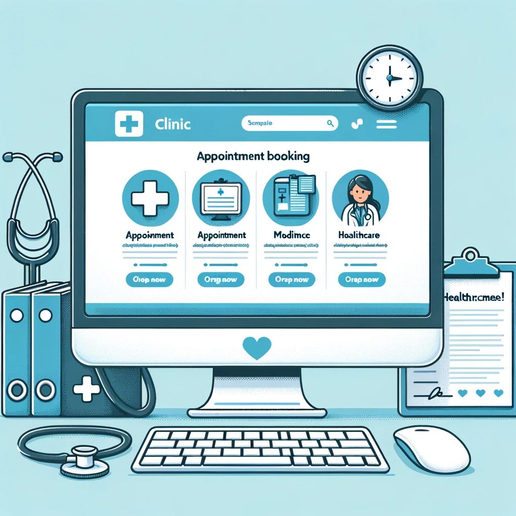 Computer screen showing a clinic's appointment booking system with medical icons