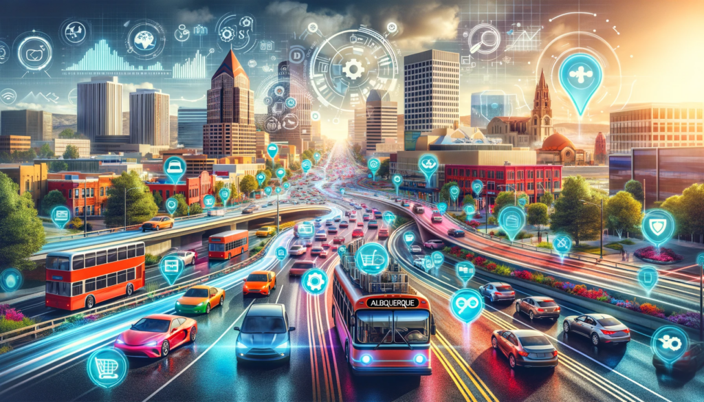 Albuquerque interstate mixing car traffic with web traffic, cars and website icons.