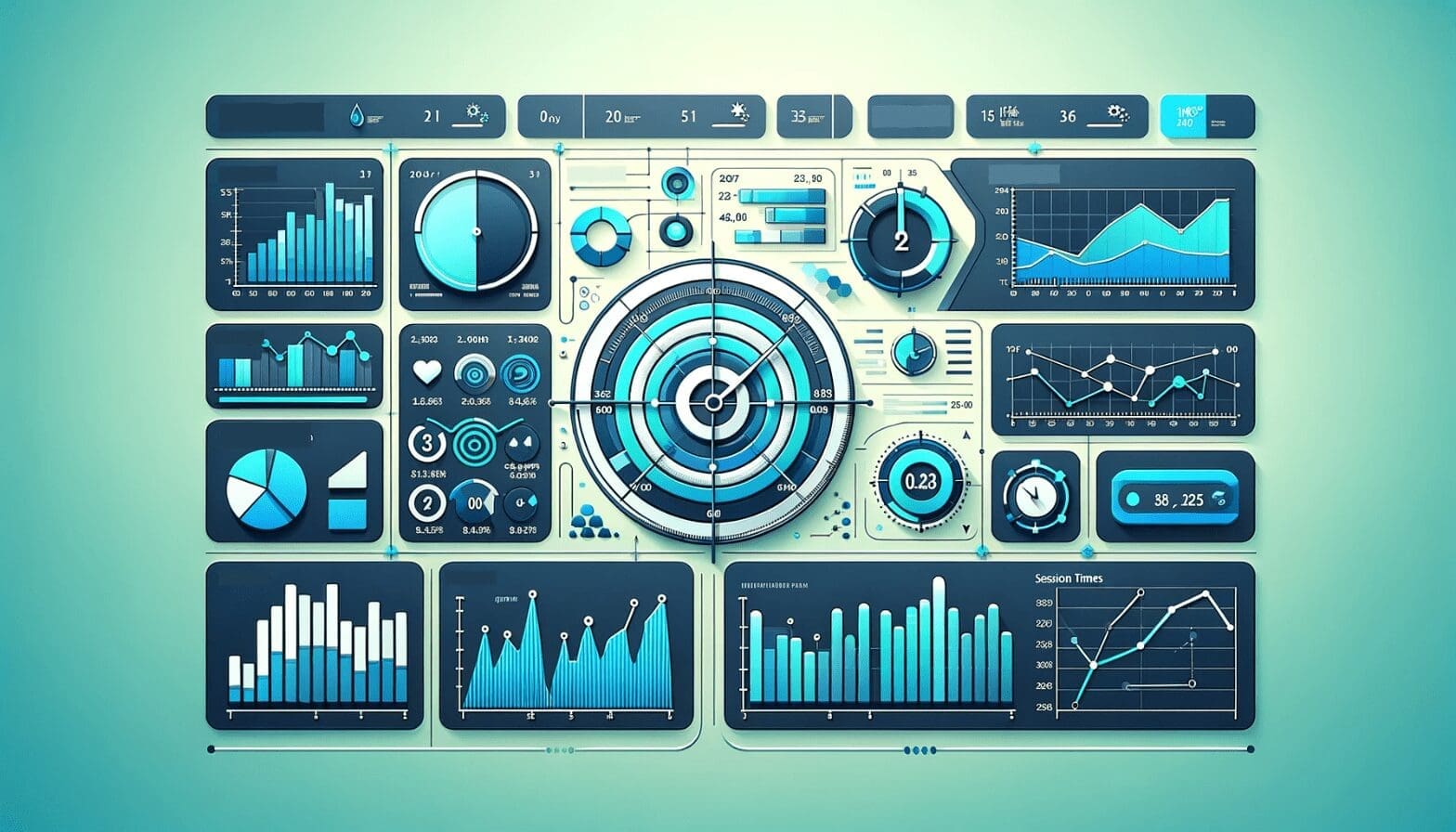 Blue themed graphs, charts and metrics revolving around Session Duration
