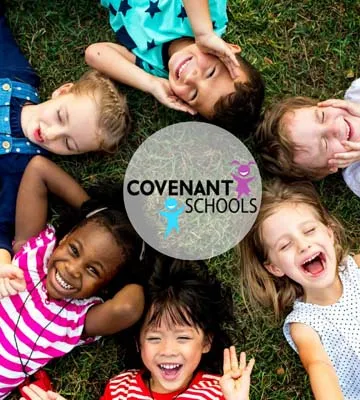 Happy children and Covenant school logo