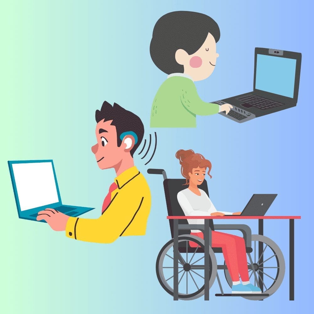 A blind person, a deaf person, and a person in a wheelchair all using laptops