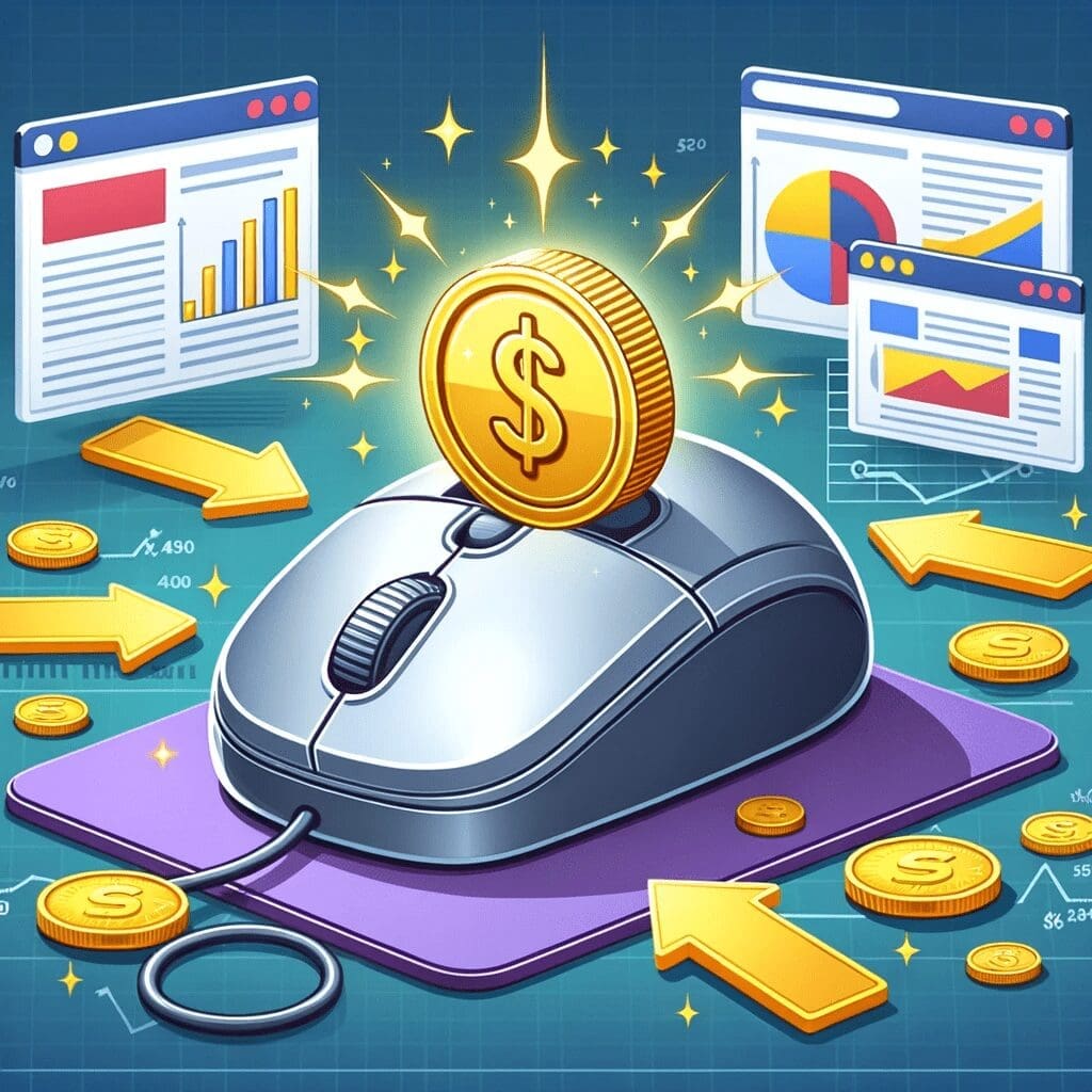 An illustration emphasizing the essence of pay-per-click through a computer mouse with a coin, surrounded by online ads and performance analytics.
