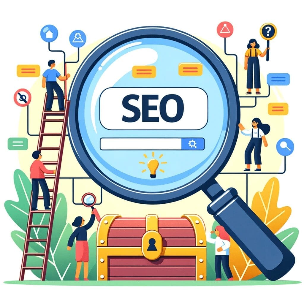 An illustration symbolizing the SEO journey, where characters work towards achieving top search results guided by a magnifying glass emphasizing SEO elements.