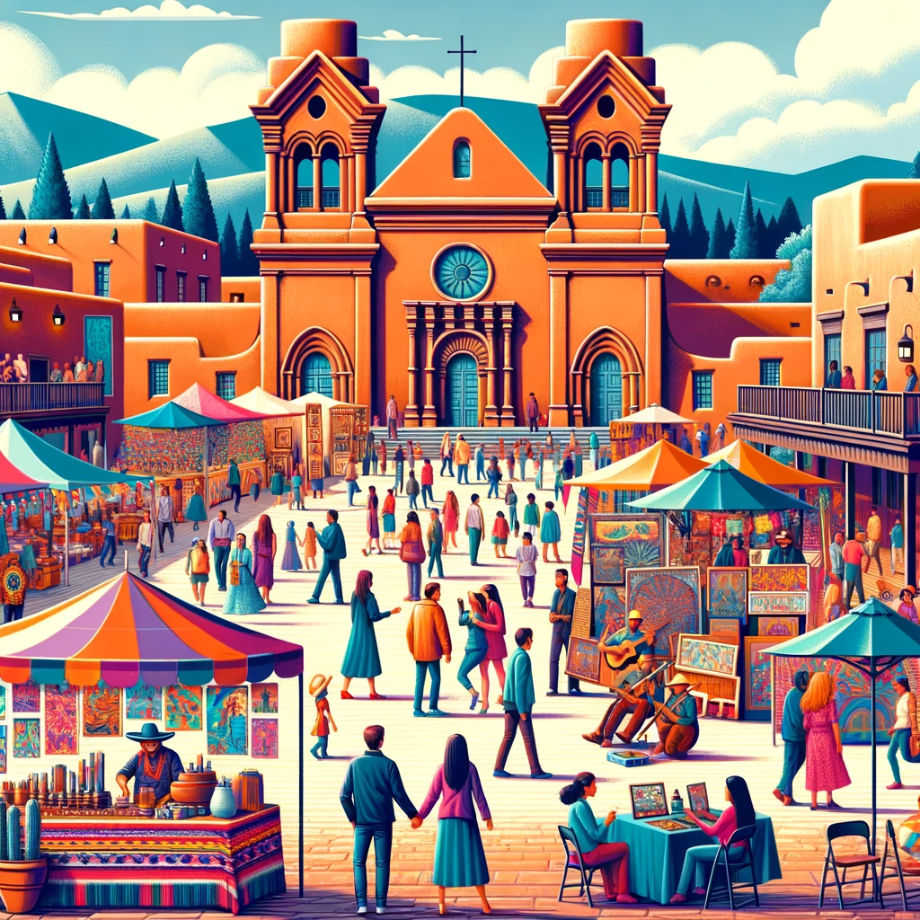 n illustration highlighting the iconic landmarks of Santa Fe, including the bustling Santa Fe Plaza and the Cathedral Basilica of St. Francis of Assisi.