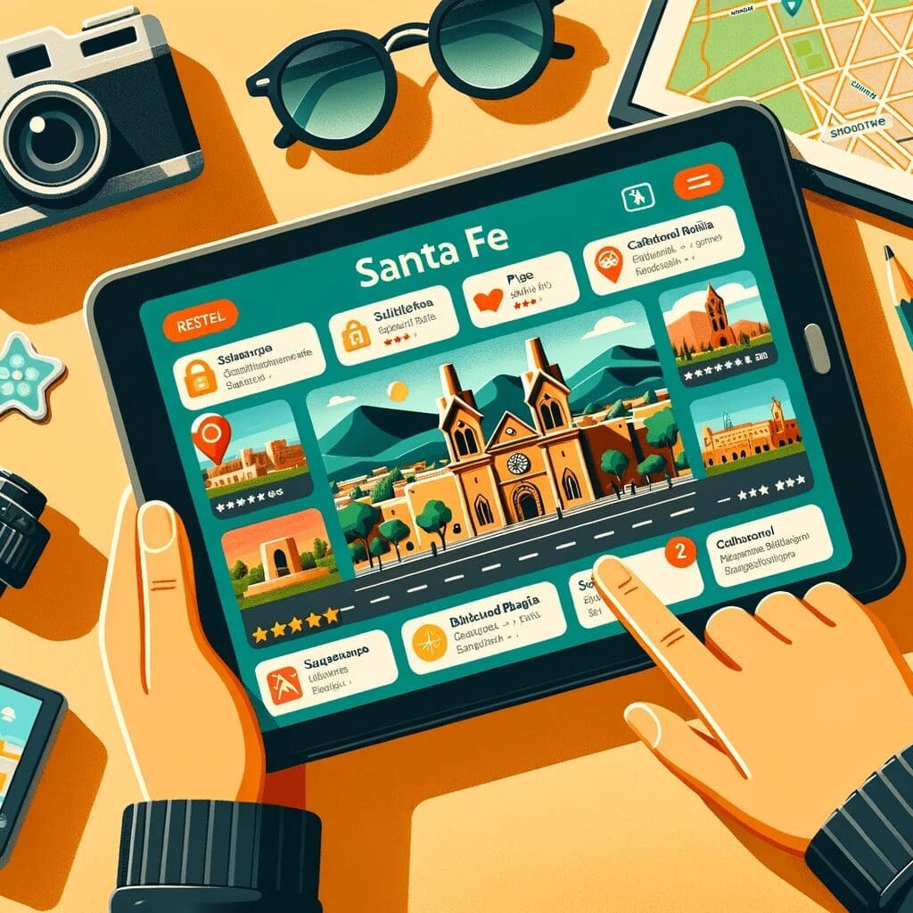 An illustration of a tablet displaying a digital guide for Santa Fe, complemented by travel accessories