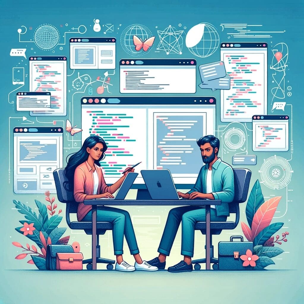 Illustration of website developers and designers working together on a digital project. Various screens showcase website layouts, and code snippets float around them. In the center, a Middle Eastern female developer is writing code, and next to her, an Indian male designer is sketching a website layout. They are surrounded by abstract digital elements representing their creative process.
