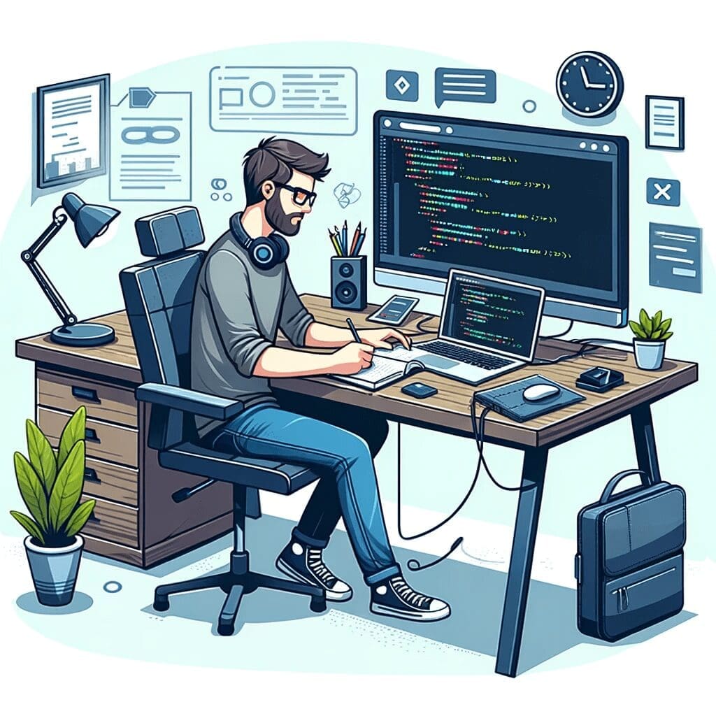 An illustration of a web developer's workspace, showcasing the developer in the midst of his work.