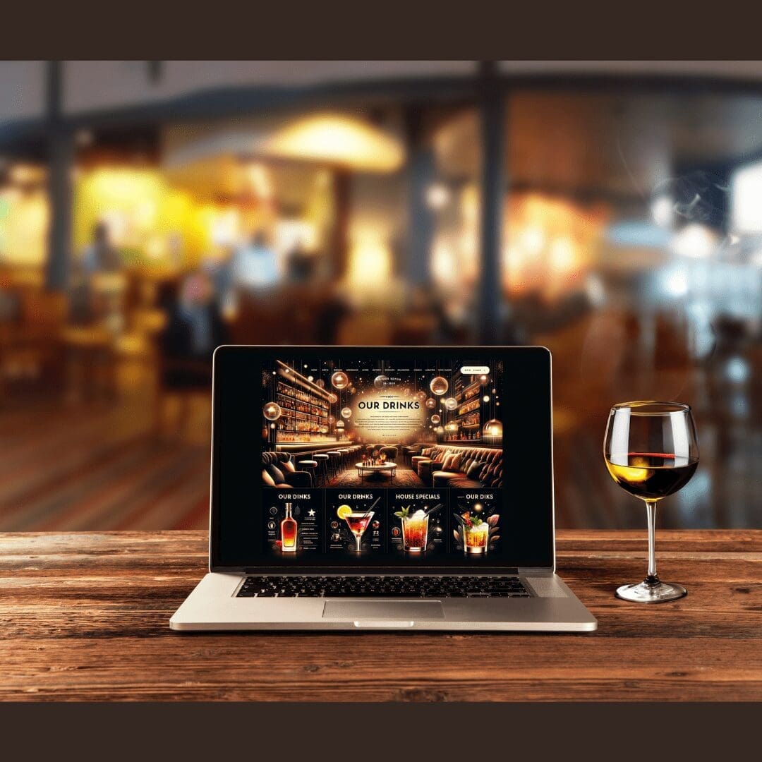 A laptop at an Albuquerque bar with a glass of wine and a bar website open