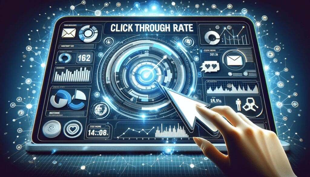 Tablet graphic accented in blue with the words "Click-Through Rate" in the center of a website in blue