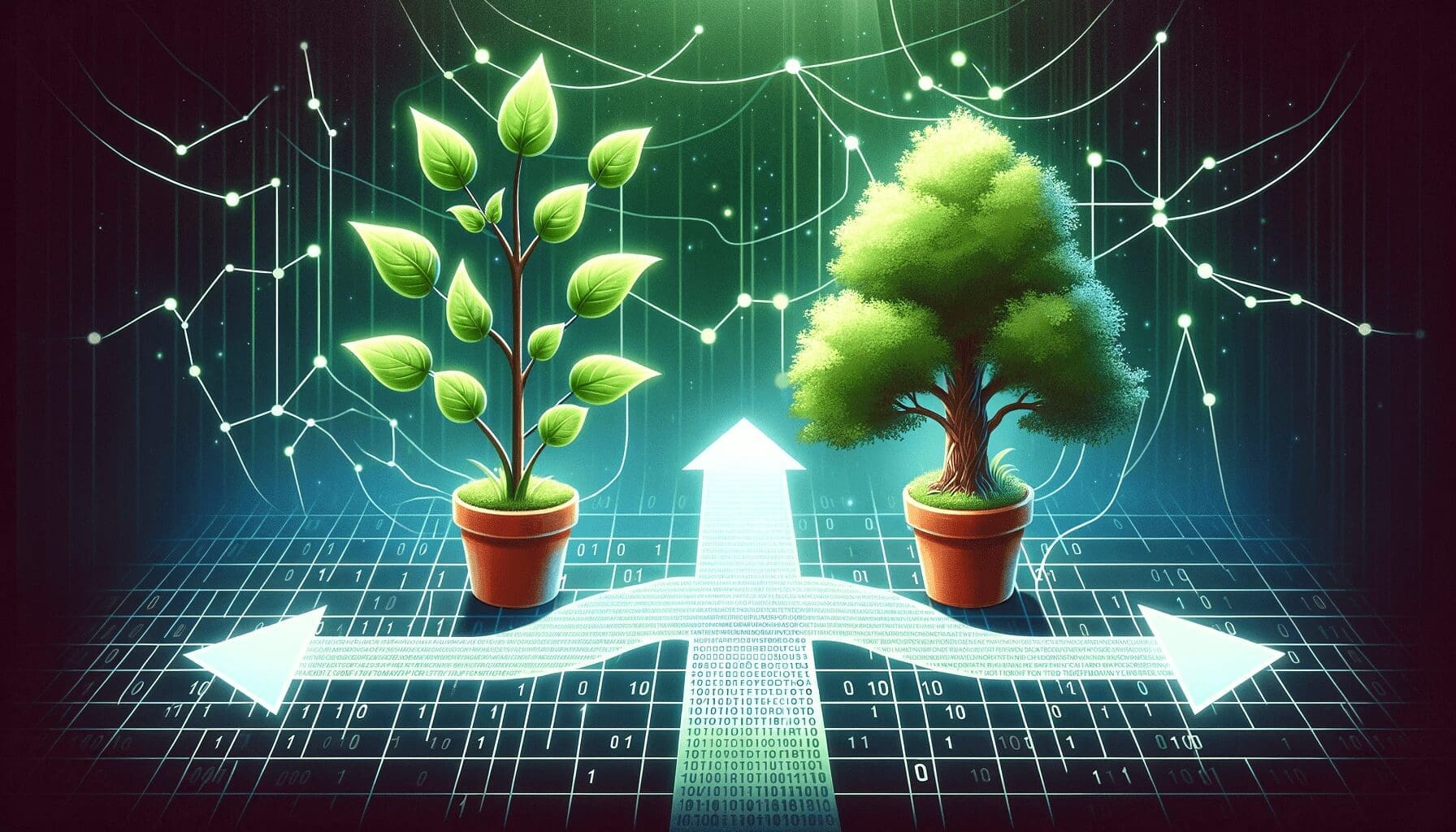 Image represents new visitors as a sprouting plant and returning visitors as a mature tree, with a path of digital binary code between them, set against a background of interconnected lines