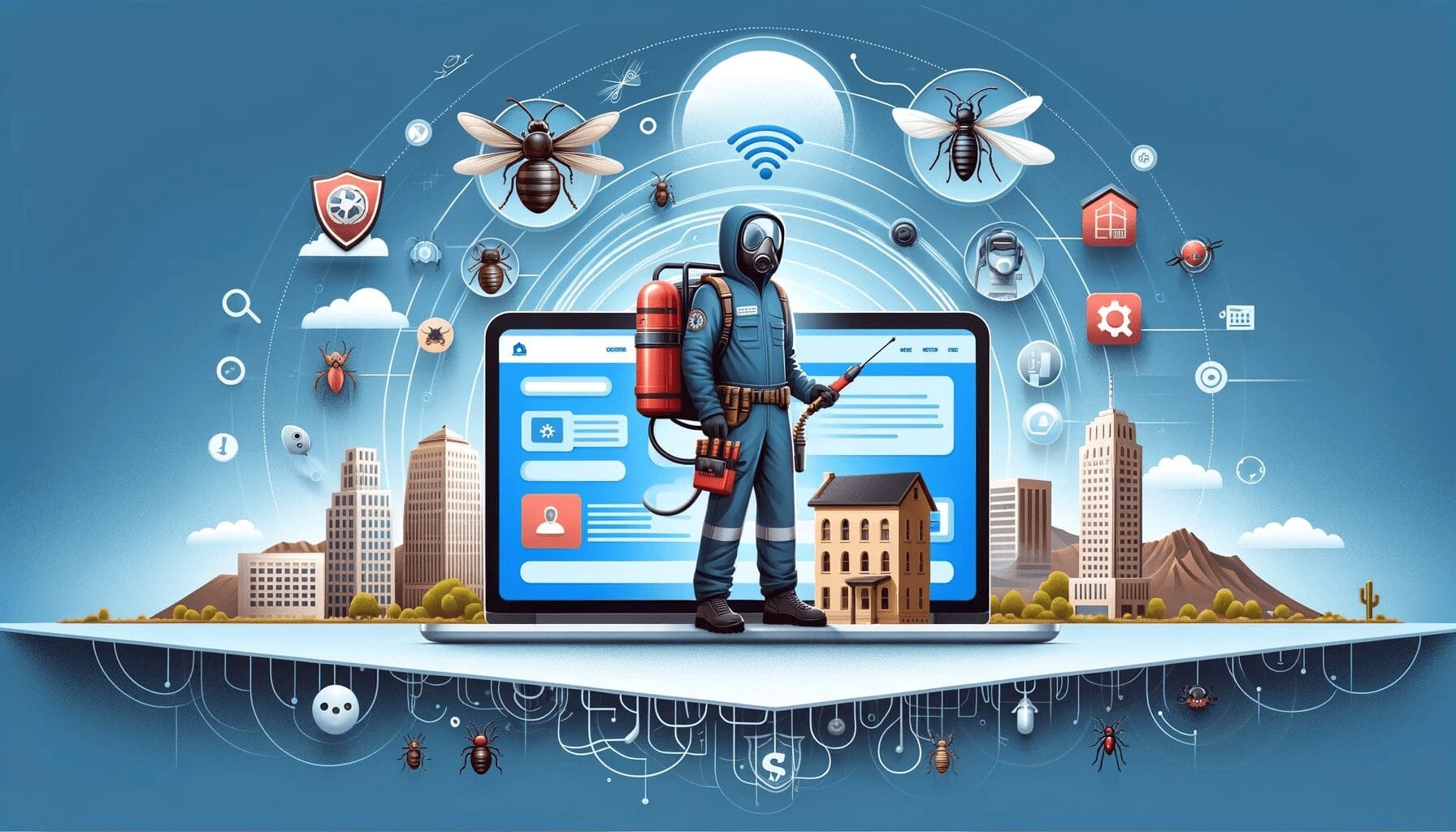 A graphic of a pest control person in a pest control suit in front of a laptop showing a pest control website. In the background is the Albuquerque horizon. Images of bugs and other pests circle the image.