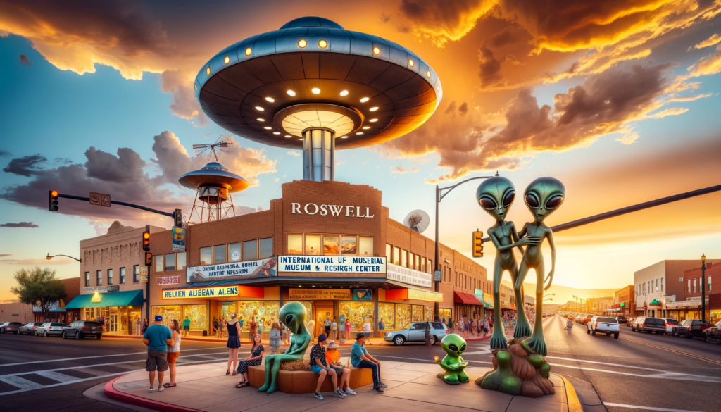 Tourist destination Roswell New Mexico, aliens and alien imagery everywhere, a Roswell restaurant in the background