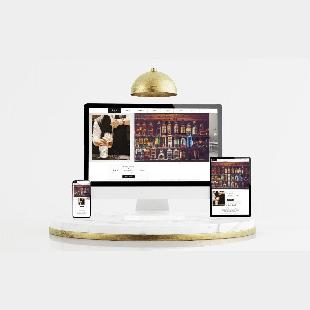 a cell phone, a tablet, and a desktop computer all on the same Albuquerque bar website page showing a bartender and shelves of liquor 