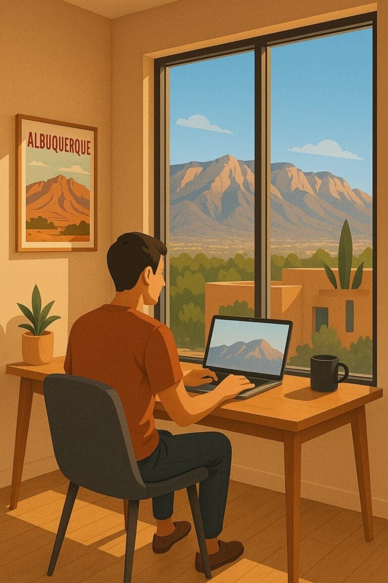 Person working remotely at a desk with floor-to-ceiling window view of Sandia Mountains in Albuquerque